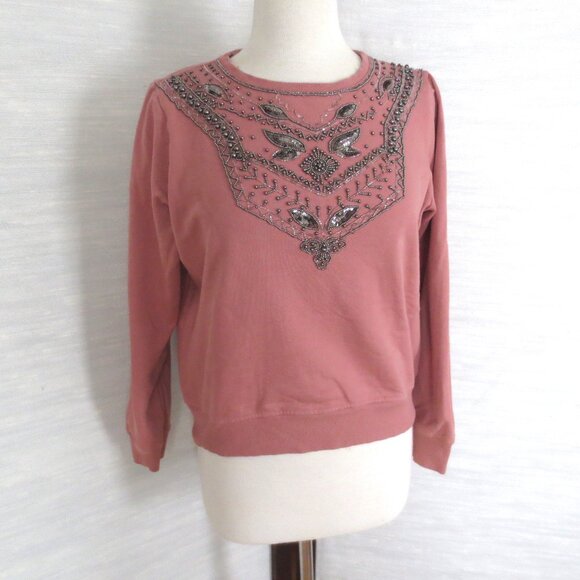 Top Shop Pink Silver Beaded Embroidered Sequin Crew Neck Sweatshirt S Small 6 - Picture 1 of 5